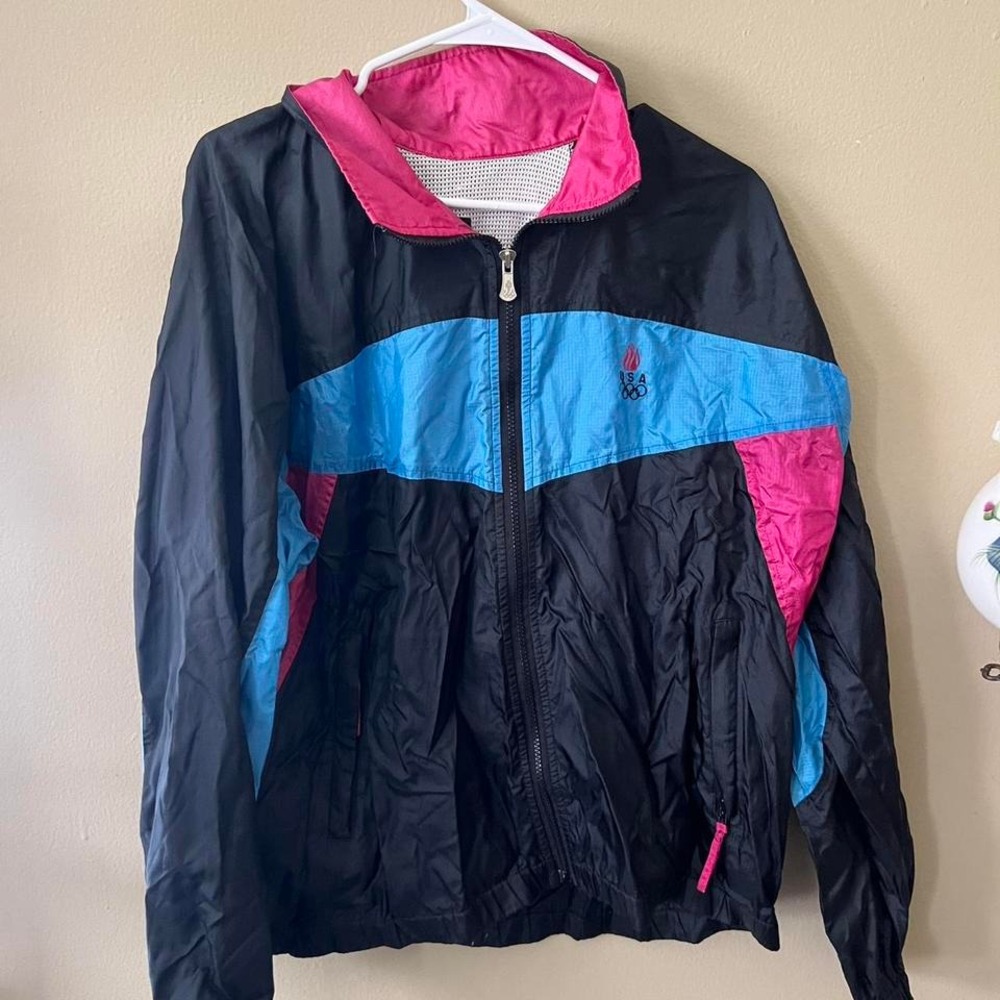 Vintage 90s USA Olympics Windbreaker Jacket JCPenney‎ Large Black Pink Blue